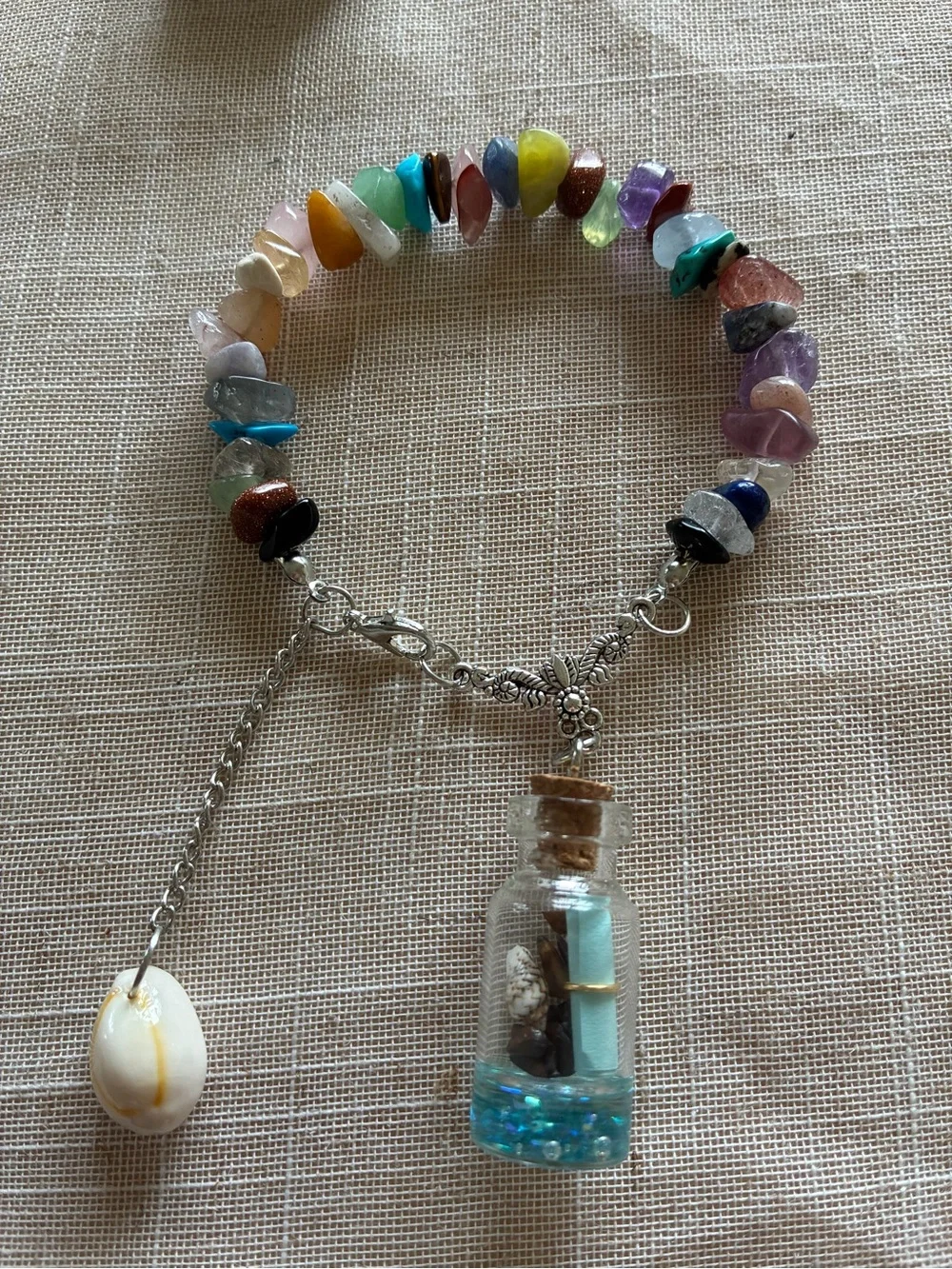 Handmade Multicolor Beaded Shell Bracelet with Glass Bottle Charm and earrings